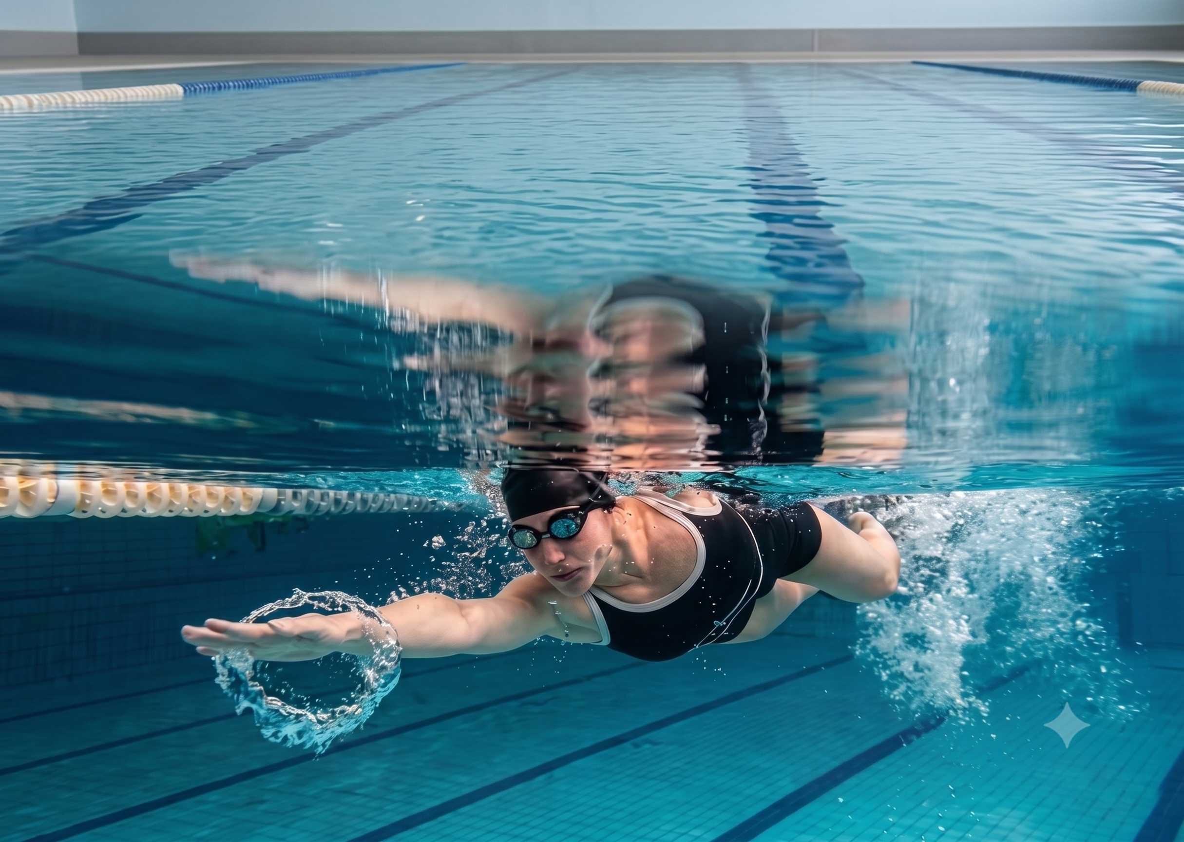 Champion swimmer gliding cleanly under crystalline pool water